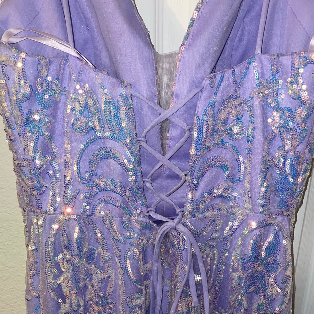 formal purple mermaid style sequin dress cross back low v small train dress - Picture 9 of 10
